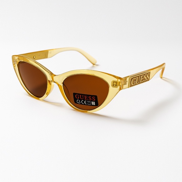 NWT GUESS Cat Eye Sunglasses G000020 Retro 1950s Clear Yellow Acetate Brown Lens - Picture 1 of 7